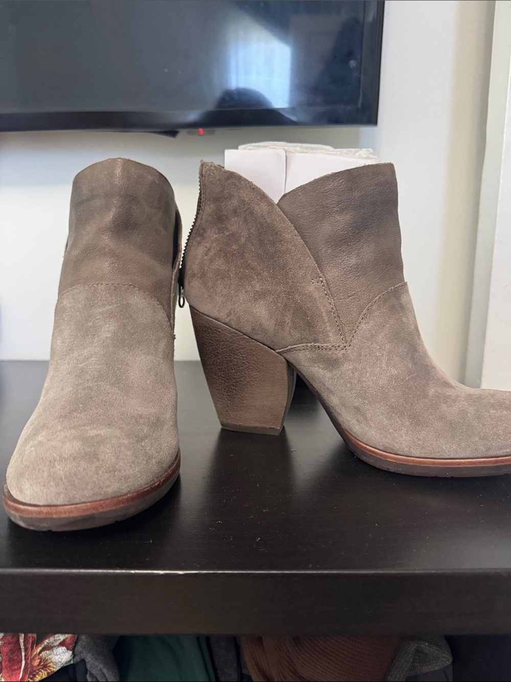 Kork-Ease Taupe Suede Ankle Booties with Block Heel
